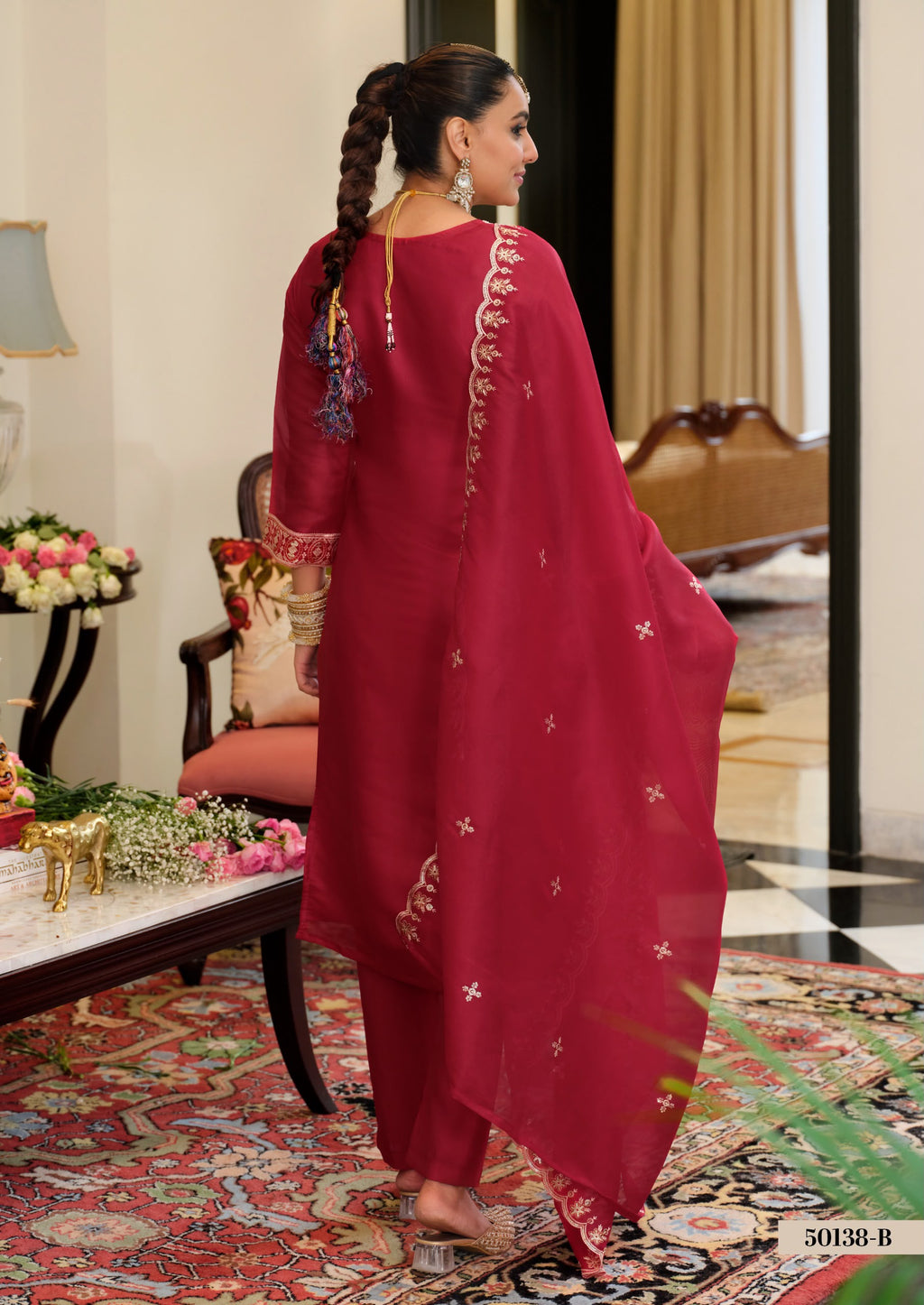 Simar Silk Embroidered Suit – Red & Pink