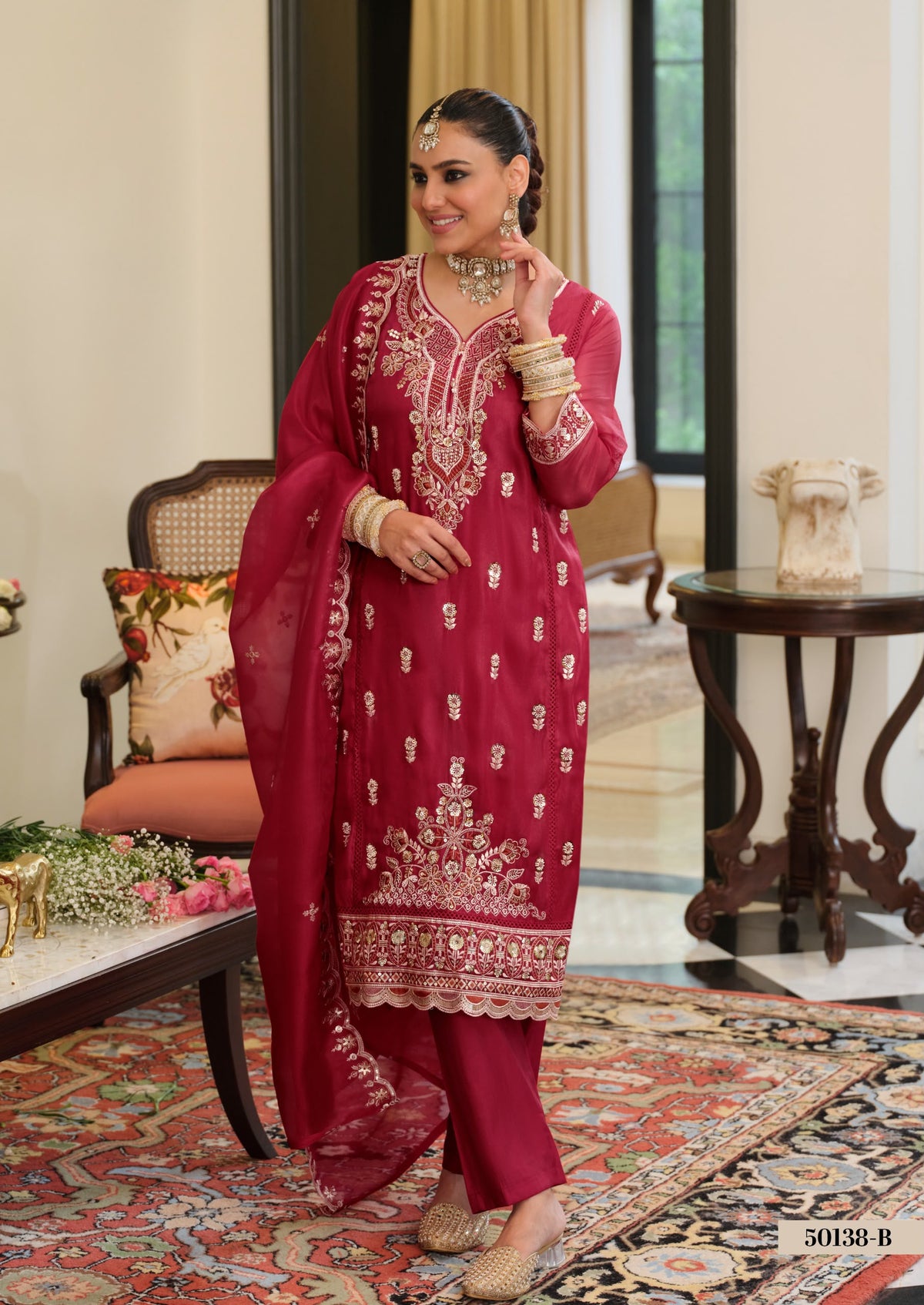 Simar Silk Embroidered Suit – Red & Pink