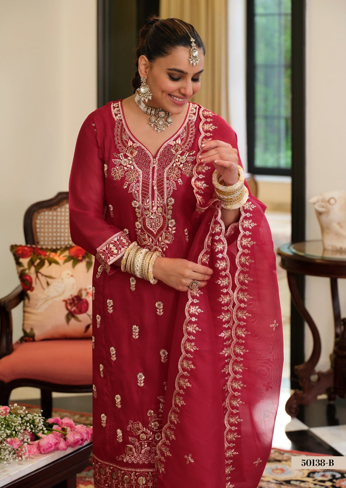 Simar Silk Embroidered Suit – Red & Pink