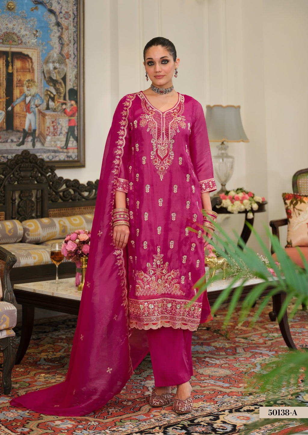 Simar Silk Embroidered Suit – Red & Pink