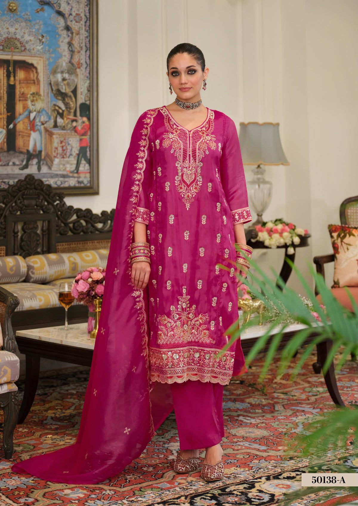 Simar Silk Embroidered Suit – Red & Pink