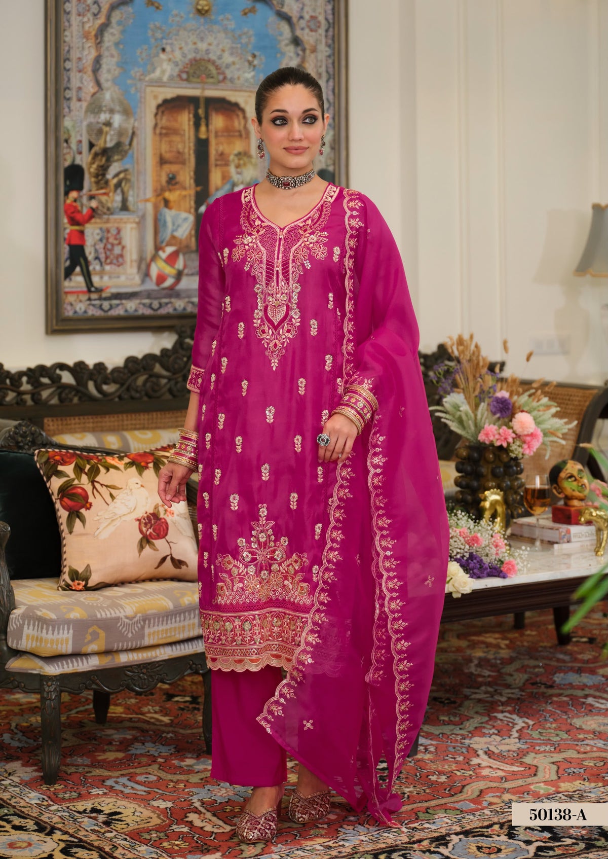 Simar Silk Embroidered Suit – Red & Pink