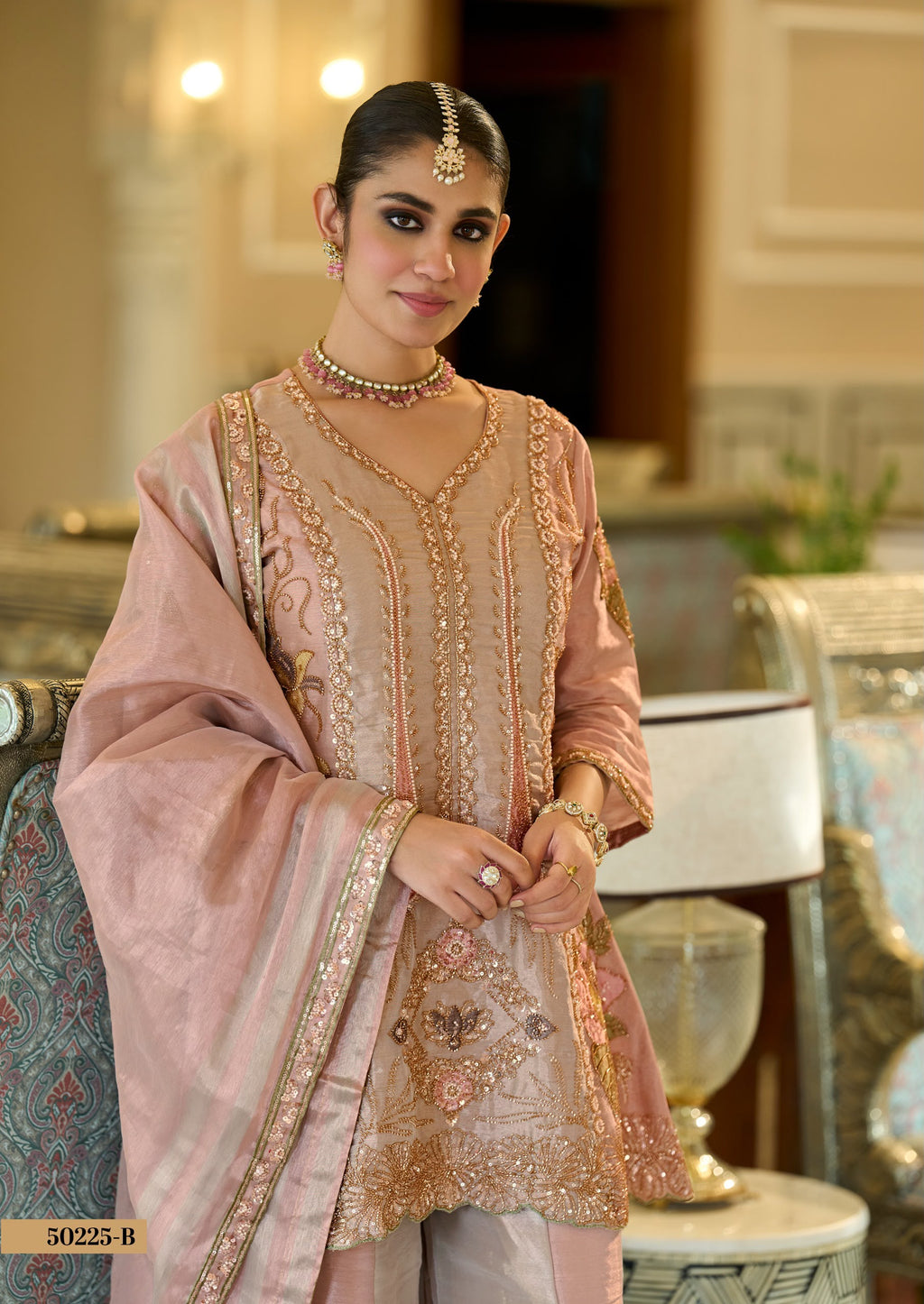 Tissue Silk Kanjivaram Suit – Gold & Blush Pink