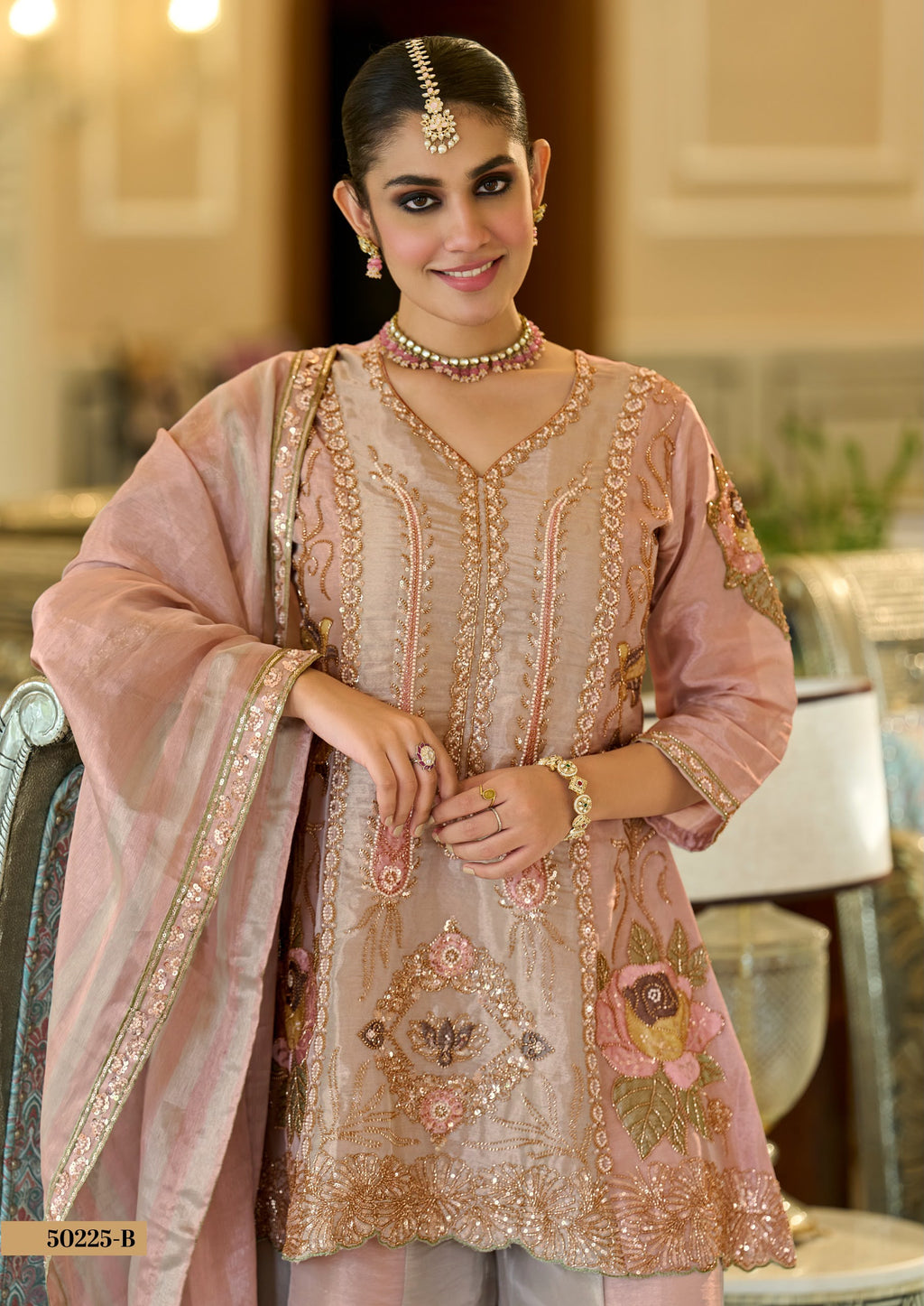 Tissue Silk Kanjivaram Suit – Gold & Blush Pink
