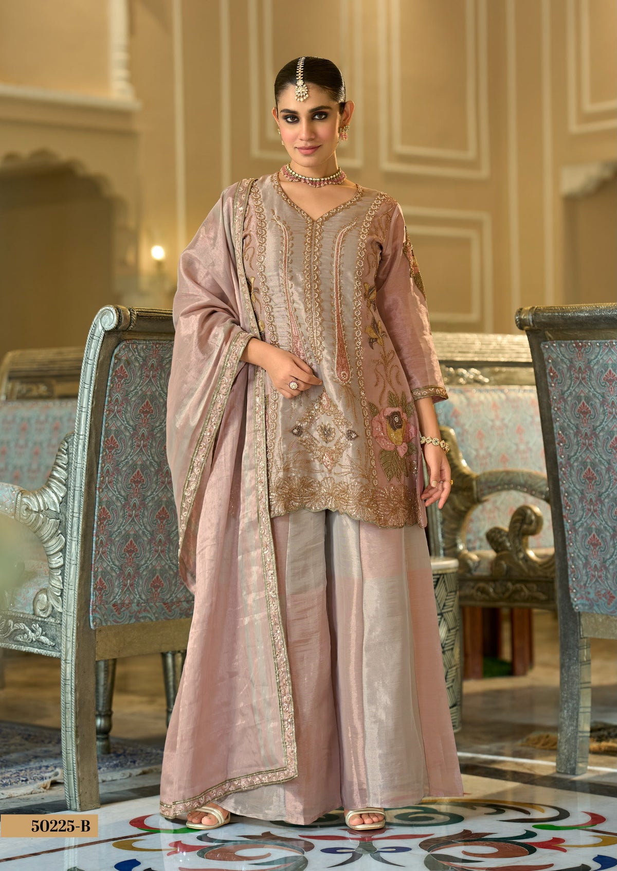 Tissue Silk Kanjivaram Suit – Gold & Blush Pink