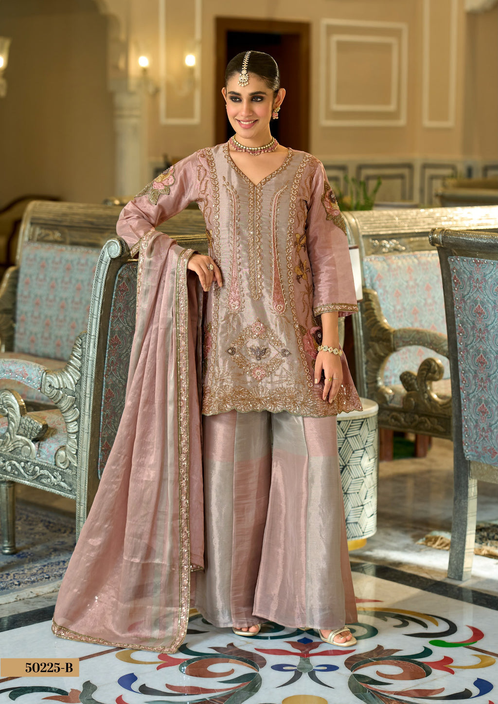 Tissue Silk Kanjivaram Suit – Gold & Blush Pink