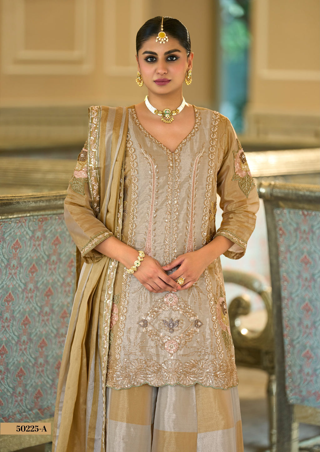 Tissue Silk Kanjivaram Suit – Gold & Blush Pink