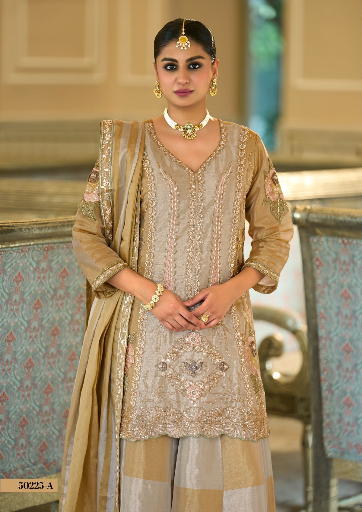 Tissue Silk Kanjivaram Suit – Gold & Blush Pink