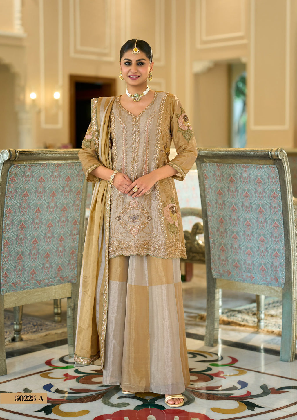 Tissue Silk Kanjivaram Suit – Gold & Blush Pink