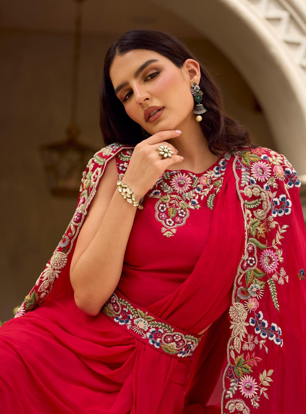 Red Pure Crepe/Georgette Embroidered Suit Set
