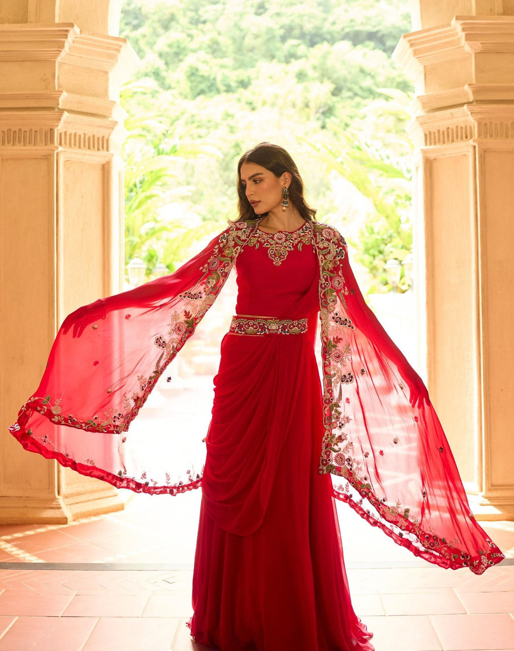 Red Pure Crepe/Georgette Embroidered Suit Set