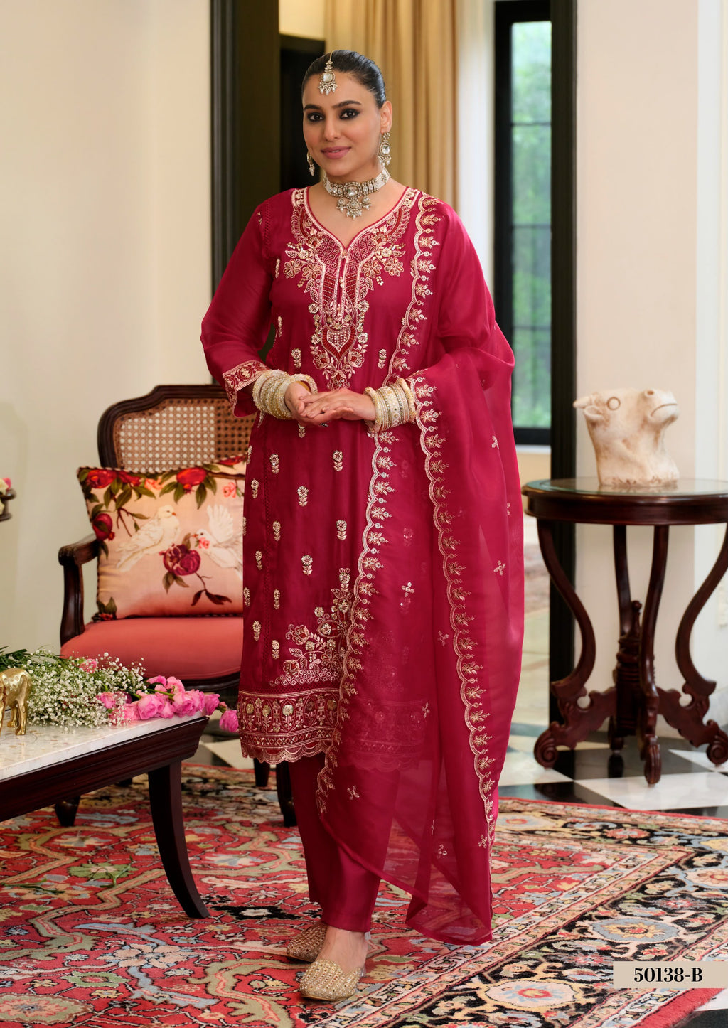 Simar Silk Embroidered Suit – Red & Pink